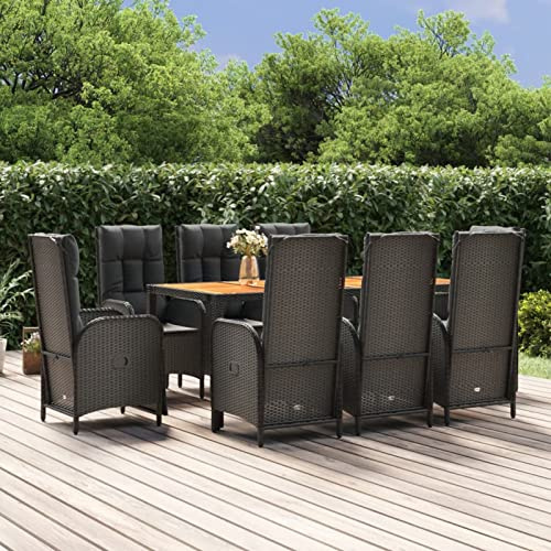 IKAYAA Rattan Essgruppe 8 Personen Gartenmöbel Essgruppe mit Verstellbare Hochlehner Stühlen Garten Sitzgruppe Schwarz Rattan Gartenmöbel Set mit Auflagen Sitzgarnitur mit 190 cm Tisch