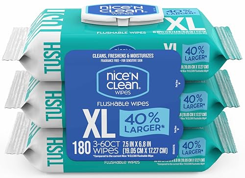 Nice 'N CLEAN Extra Large Flushable Wipes | 40% Larger Wipes | 6.8 x 7.5 Unscented XL Adult Wet Wipes | Septic and Sewer Safe | Fragrance Free, Hypoallergenic, Plant Based | 180 Butt Wipes