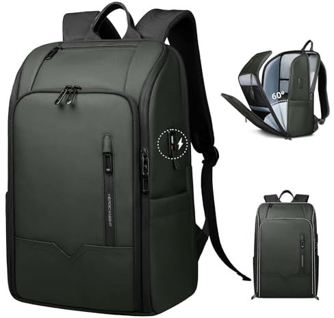 HEROIC KNIGHT Mochila para Hombre Unisex para Laptop de 15,6 pulgadas Equipaje de Mano Ordenador Portátil Impermeable para Negocios, Viaje, Universidad con Puerto USB-Verde