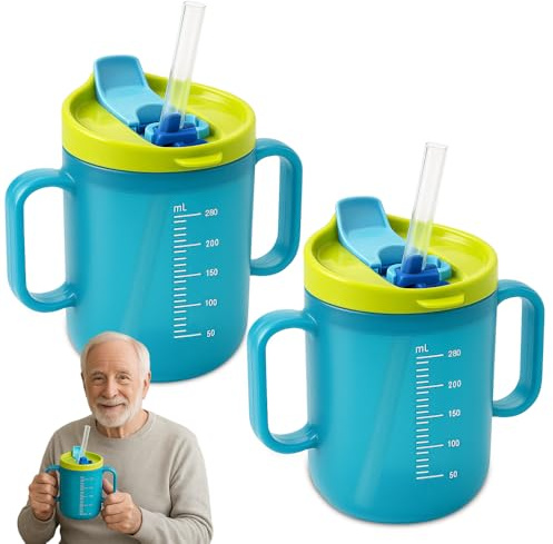 HOVCEH 2 PCS Elderly Spill Proof Cups, 280 ml Unspillable Cup with 2 Handles, Elderly Drinking Cup, Feeding Cup Drinking Cup with Lid and Straw, Adult Sippy Cups for The Elderly Non Spill (Blue)