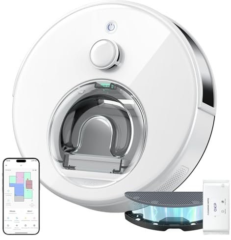 OKP Robot Aspirapolvere Lavapavimenti con Mappatura, 6000Pa, Navigazione LiDAR DToF, Controllo APP&Alexa, Zone No-Go, Design Ultra Compatto, Ideale per Peli di Animali e Pavimenti Duri