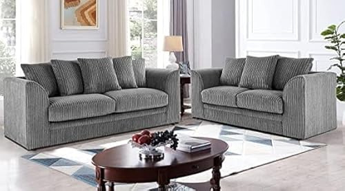 3 and 2 Seater Suite - Value Dual Arm Corner Sofas - Chenille Fabric Sofa Suite - Grey Fabric UK Upholstered 3+2 Sofa Set Suites - Sofas and Couches for Living Room Furniture Lounge (Cord, 3+2)