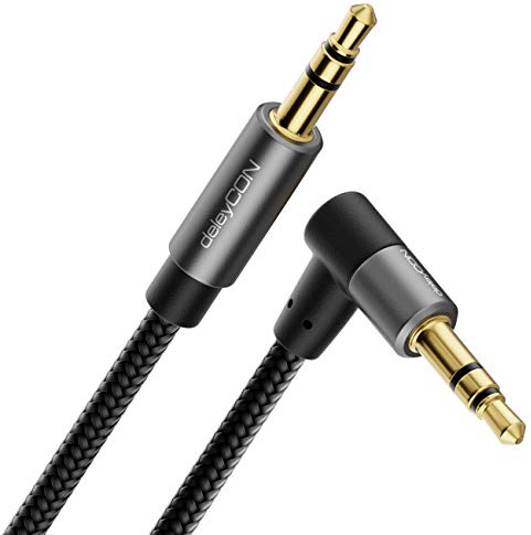deleyCON 10m Aux Kabel 3,5mm Audio Stereo, Baumwollkabel, 90° Winkel | Klinkenkabel mit Metallstecker, Stecker gerade auf Stecker 90° gewinkelt, Handy, Smartphone, Tablet, Kopfhörer, HiFi Receiver
