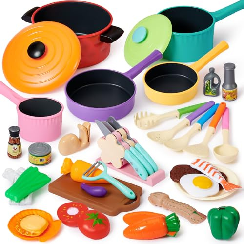G.C Toy Kitchen Accessories for Kids, Pots and Pans Playset with Kids Knife Set & Food Toys, Play Kitchen Accessories Role Play Toys Gifts Boys Girls Age 3 4 5 6