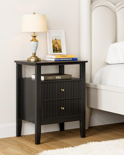 HEYZOEY mesilla de noche, mesilla de noche retro con 2 cajones, mesilla de noche de madera maciza, mesilla de noche boho para dormitorio, sala de estar, negro
