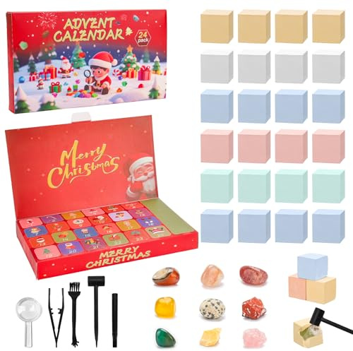 Advent Calendar Kids 2025 Gemstones Christmas Countdown Natural with 24 Rock Collection, Mini Gem Dig Kit Rock Crystal Advent Calendar Gifts for Children Teens Christmas 24 Day