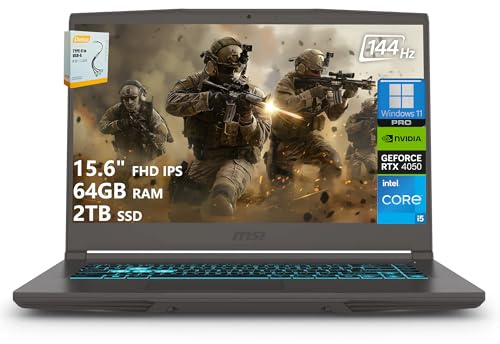 msi Thin 15 Gaming Laptop | 15.6 FHD IPS 144Hz | Intel 8-Core i5-13420H (> i7-12650H) | 64GB RAM 2TB SSD | GeForce RTX 4050 6GB | USB-C Backlit Keyboard Wi-Fi 6E Win11 Pro w/DLCA Accessory