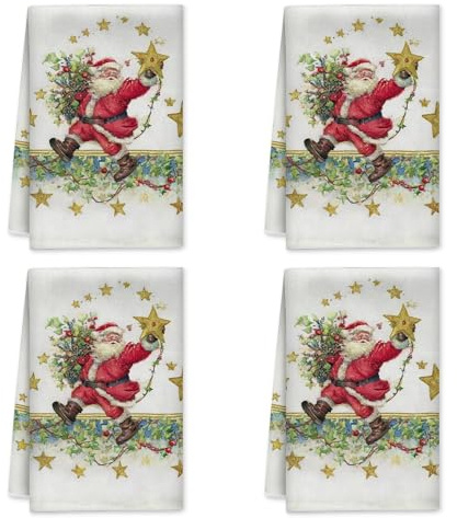 Santa Kitchen Towels, Christmas Festive Stars Xmas Tree Red Microfiber Quick Dry Stove Side Towel Cottage Kitchen Decor 16x24 Inch (Set of 4)