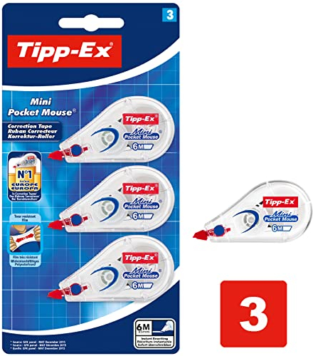 Tipp-Ex Korrekturroller Mini Pocket Mouse, 6m x 5mm, 3er Pack, Ideal für das Büro, das Home Office oder die Schule