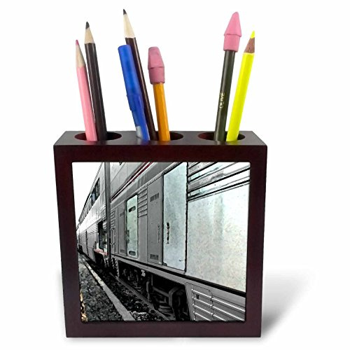 3dRose LLC A Passenger Train in Black and White with Bits of Mint Color on The Tracks 5-Inch Tile Pen Holder