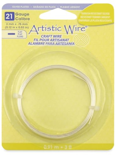 Artistic Wire, 21 Gauge, Flat, 3 mm x .75 mm / 0.12 in x 0.03 in, Tarnish Resistant Silver Plated, 3 ft / .91 m, AWB-21F-S10-03F