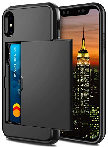 Coolden for iPhone XS Case iPhone X Case with Card Holder Wallet Shockproof Heavy Duty Protective Hard Back Rubber Bumper Card Holder Slot Wallet Cover for iPhone XS/iPhone X (Black)