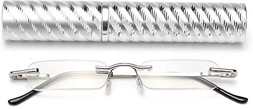 KoKoBin Schlanke Rahmenlose Lesebrille Mini-Taschenleser Sehehilfe mit Stiftetui für Damen und Herren (Silber，+1.5)