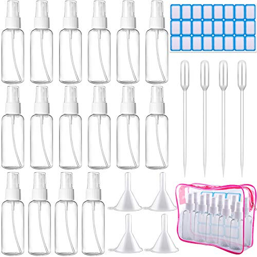 Duufin 16 Pcs 50ml Spray Bottle Empty Small Spray Bottle Fine Mist Atomiser | Plastic 50ml Small Spray Bottles with 4 Funnels, 4 Droppers & 24 Labels (Bonus: 1 Pc Transparent Zipper Bag)