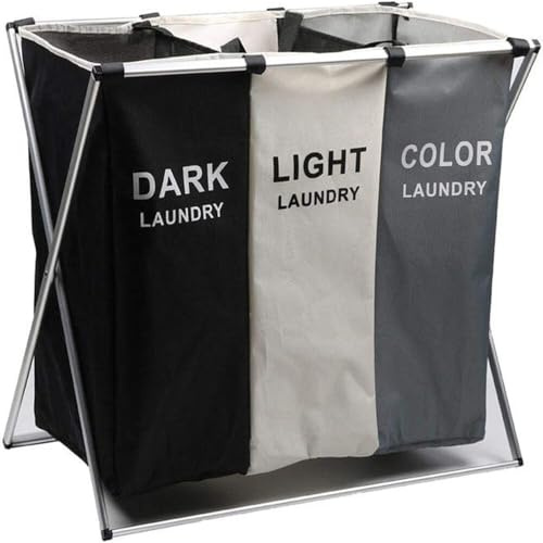 BAKAJI Cesto Biancheria Sporca a 3 Scomparti Multifunzione, Portabiancheria 3 Spazi Bianchi Neri e Colorati in Tessuto Struttura Pieghevole Dimensione 64 x 38 x 60 cm