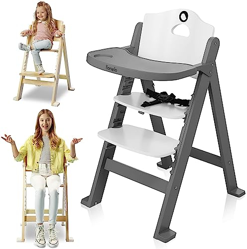 LIONELO Floris 3-in-1 Kinderstuhl aus Holz, hochverstellbarer Stuhl, abnehmbares Tablett, von 6 bis 36 Monate/bis 12 Jahre, 5-Punkt-Sicherheitsgurte, Belastbarkeit bis 15 kg / 40 kg (Grey)