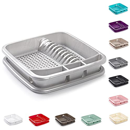 plastific Plastic Dish Drainer Plate Cutlery Rack Kitchen Sink Utensil Rust-Proof Kitchen Draining Cup Holder Cutlery Rack Cutlery and Utensils Holder (39 x 39 x 7.5cm) (Silver)