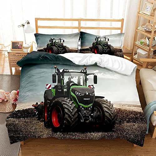 Amacigana Traktor Bettbezug Set 3D Trecker Bettwäsche Und 2 Kissenbezug Mikrofaser Gemütlich Bettbezüge Mit Reißverschluss Für Kinder, Jungen, Mädchen Bettwäsche Set (A3,200x200 cm +80x80cm)
