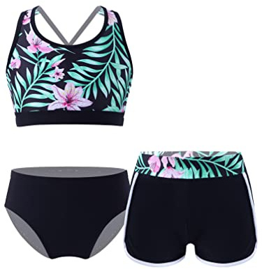 TiaoBug Mädchen Kinder Tankini Bikini Set Sport Badeanzug Zweiteiler Bademode Leopardenmuster Top und Kurze Hose Shorts Turnanzug Tanz Gymnastik Bade Bekleidung 116-164 Schwarz D 116