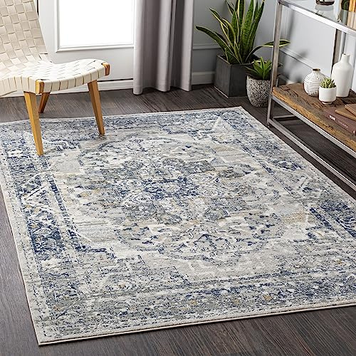Livabliss Ascot Vintage Teppich groß - Orientalischer Teppich Wohnzimmer 160x220 cm, Esszimmer, Schlafzimmer - Boho Kurzflor Teppiche für einfache Pflege - Grau und Blau
