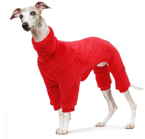 babepet Flauschiger Samtmantel für Windhunde, Whippet-Kleidung mit Beinen, winddichter Rollkragen-Hunde-Overall, Hunde-Fleece-Pyjama, super warmer Winterpullover für Whippet, Lurcher, Salukis-Rot-S