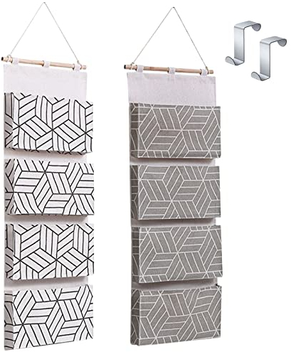 MUXItrabe Sac de Rangement Suspendu 2 Pièces Organisateur Suspendu sur Porte Tissu de Lin Pochette de Rangement avec 4 Compartiment et Crochets pour Chambre Bureau Salle de Bain