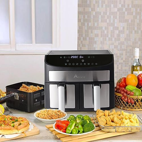 Alivio 9L Dual Basket Air Fryer, Double Basket Digital Air Fryer 1700W with Timer Touchscreen & Temperature Control, 8 Adjustable Pre-set Cooking Sync Cook