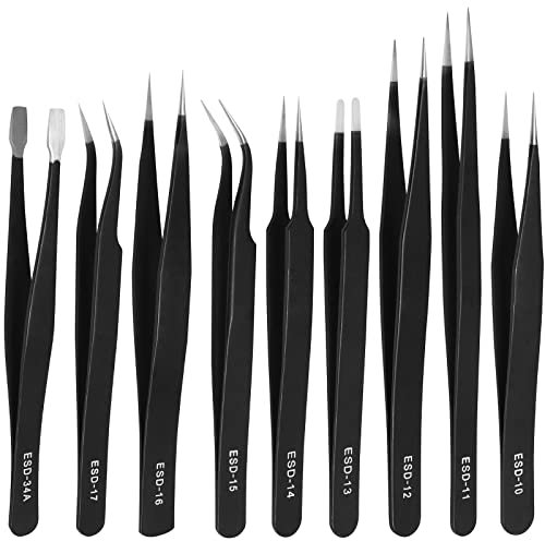 TOPBELIEF Precision ESD Tweezers Set, 9 Pcs Anti-Static Stainless Steel Tweezers, Non-Magnetic Multi-Function Craft for Electronics, Jewelry Manufacturing, Laboratory, Repairing, Hobbies