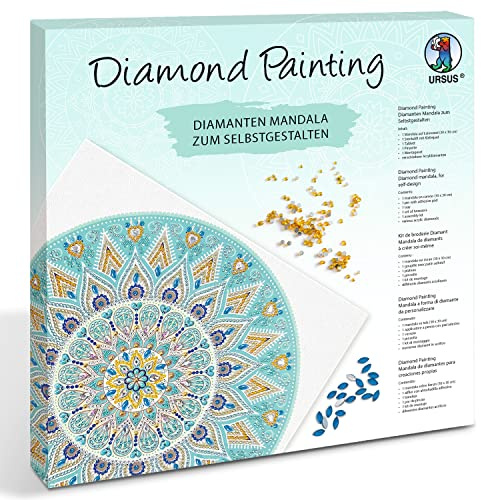 Ursus 43520005F - Diamond Painting Mandala Set 5, kit de Bricolage avec Toile et Pierres dans Les Tons Bleu Clair, Taupe et Blanc