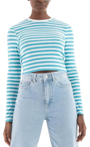 Bestseller A/S Onlelina L/S Cropped Top Jrs Maglietta a Maniche Lunghe, Blue Mist/Stripes:Cloud Dancer, XL Donna