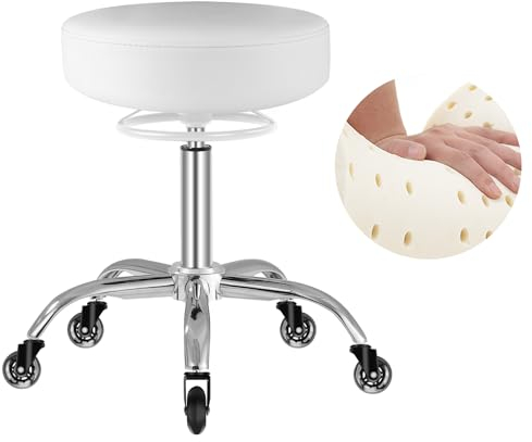 OUTMASTER Arbeitshocker, bis 180 kg belastbar, höhenverstellbar, für Salon und Spa, 360° Drehhocker, Bürohocker aus Leder (Weiß)