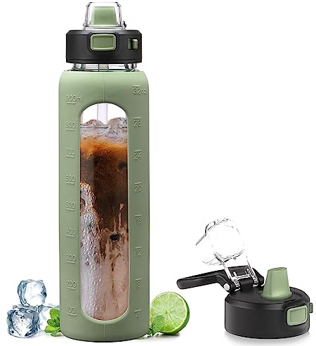 Kodrine 32 oz Glass Water Bottle with Straw and Time Marker, Olive