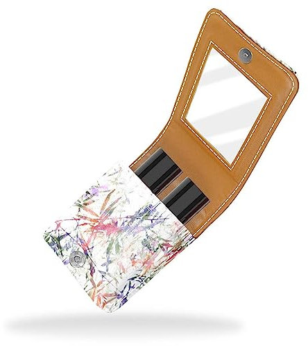 Women’s PU Leather Makeup Lipstick Case, Lipstick Case Holder with Mirror Cute Portable Makeup Travel Cases for Purse Lipstick Holder, Psyche Tie-Dye Bamboo Pink Plant