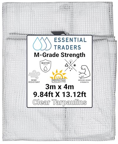 Clear Monotex Heavy Duty Tarpaulin, 100gsm Waterproof Ground Cover Multipurpose Furniture, Caravan, Vehicle, Tool, Camping & Shed Mono Sheet, Medium Weight Reinforced Cotton Mesh (3m x 4m)