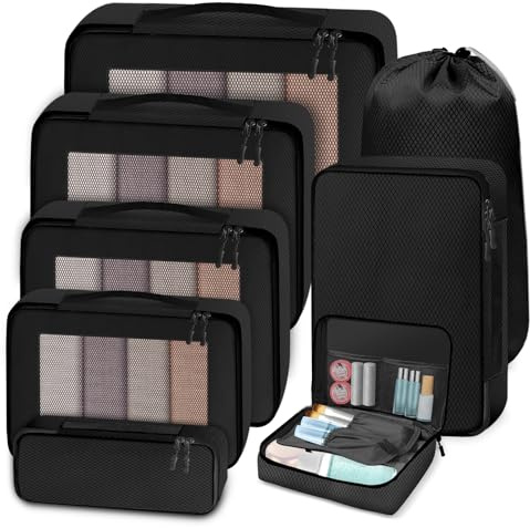 Otauoaea Koffer Organizer Set 8 Teilig - Packing Cubes Reise Zubehör - Travel Organizer Packwürfel Packtaschen für Koffer - Kofferorganizer mit Kleidertaschen, Kosmetiktasche, Schuhbeutel - Schwarz