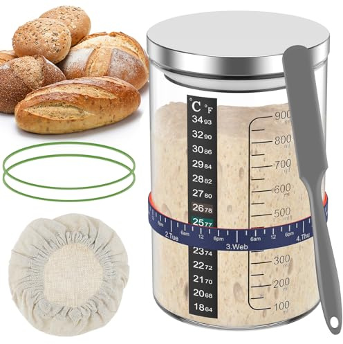 Kit di 5 barattoli per pasta madre con scala, barattolo di vetro da 900 ml con coperchio in acciaio inossidabile, spatola grigia, striscia di posizionamento, carta per temperatura, tappo in tessuto