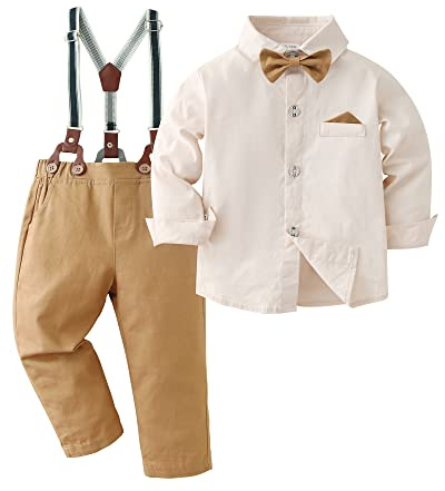 Amissz Baby pojkar gentleman set, barn festliga kläder 1–10 år dopkläder kostym långärmad skjorta & byxor outfit, Aprikos, 8-9 år