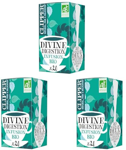 CLIPPER - Infusion Bio - Divine Digestion - Deux menthes et Fenouil - 20 Sachets d'Infusion Bio - Lot de 3