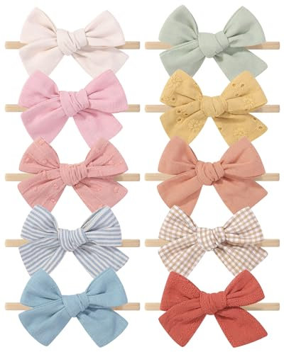 10PCS Baby Mädchen Stirnbänder Haar Bögen Nylon Baumwolle Leinen Haarbänder Handgemachte Haar Zubehör für Neugeborene Kleinkinder Kleines Mädchen und Kinder 3.5Inches