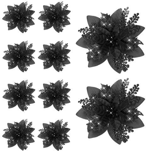perfk 10 x Weihnachtsstern-Dekoration, 14,5 cm, Glitzerblumen für drinnen und draußen, künstliche Blumen für Partys, Geschenkverpackungen, Winter, Schwarz