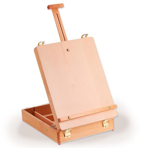 Staffelei Tisch Tischstaffelei Holz mit Malkoffer, Zeichentisch mit Utensilienkoffer, Staffelei Zeichenbrett Holz Verstellbar Buchenholz als Maltisch Mal Set für Anfänger Profi, A