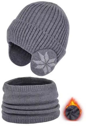 Wintermütze Schal Warme Fleecefutter Strickmütze Babymütze Kinder Mütze Set, Jungen Wintermütze Beanie Hut Runder Schal Set für Kinder 3-8 Jahre