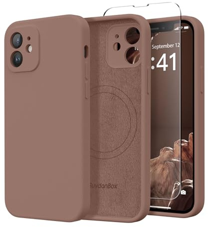 SuydanBox Magnetische Hülle für iPhone 12, kompatibel mit MagSafe, [Vollständiger Kameraschutz] [Displayschutzfolie] Stoßfeste Silikon-Schutzhülle für iPhone 12 6,1 Zoll, Braun | Fit für MagSafe, Displayschutzfolie, Vollkameraschutz, Premium-Silikon, stoßfeste Schutzhülle für iPhone 12
