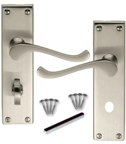 DISCOUNT HARDWARE UK Victorian Satin Nickel Door Handle Bath Set, 150mm x 43mm Backplate, 1 Pair of Lockable Bathroom Interior Door Handle for Wooden Doors