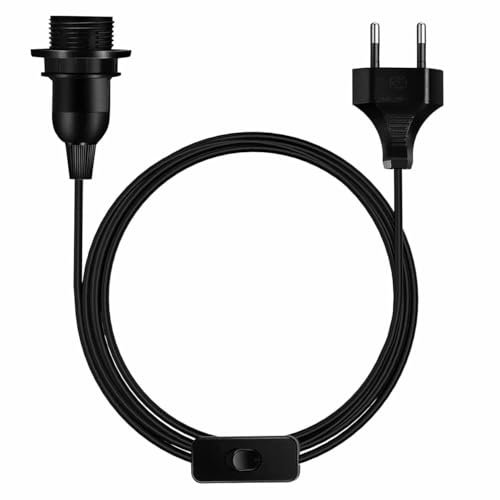 TECHZOCO Portalámpara E27 con Interruptor, Adaptador de lámpara e27, Base para Bombilla, Enchufe + Interruptor ON/Off, Longitud de 2 Metros, Casquillo E27 Cable 0,75 mm², máx. 60W, Negro