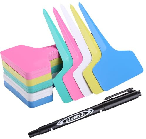 GWHOLE 100 PCS Plant Labels with Marker Pen Set,Greenhouse Accessories Waterproof T-Type Tags in 5 Color for Outdoor Garden Nursery Flower Seed Herb,Potted Slate Plants