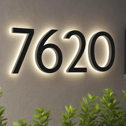 Custom Backlit LED House Numbers, Solar Powered Lighted House Numbers, Waterproof Exterior LED Illuminated Home Address Number, Modern Address Halo-lit Numbers Signs