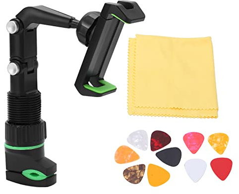 Yosoo Health Gear Guitar Phone Holder, Green with 10 Picks | Headstock Clamp Mount, for Acoustic Electric, Video Recording
