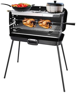 BERGER Camping Gasgrill Klappbar | Tragbarer Koffergrill mit 3 Brenner | 50 mbar für schnelles Kochen | 3 Kochstellen & ein Grillspieß inklusive | Windgeschützter Camping & Balkon Grill