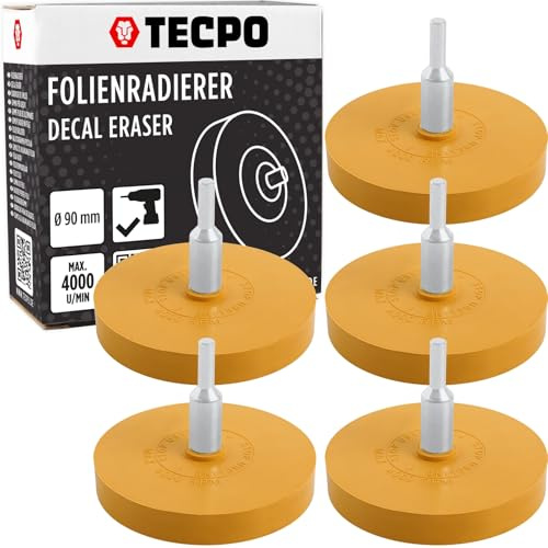 TECPO 5 gomas de borrar para taladros, disco de goma de borrar elimina de forma fiable los restos de pegamento y residuos, adaptador de 5/16 pulgadas x 24 mm, 4000 rpm, diámetro de 90 mm, compacto y
